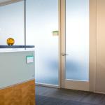 The hinged aluminum door has a wide stile to accomodate a lever hardware set and a wide bottom rail.  The anodized aluminum finish matches the panel trim.